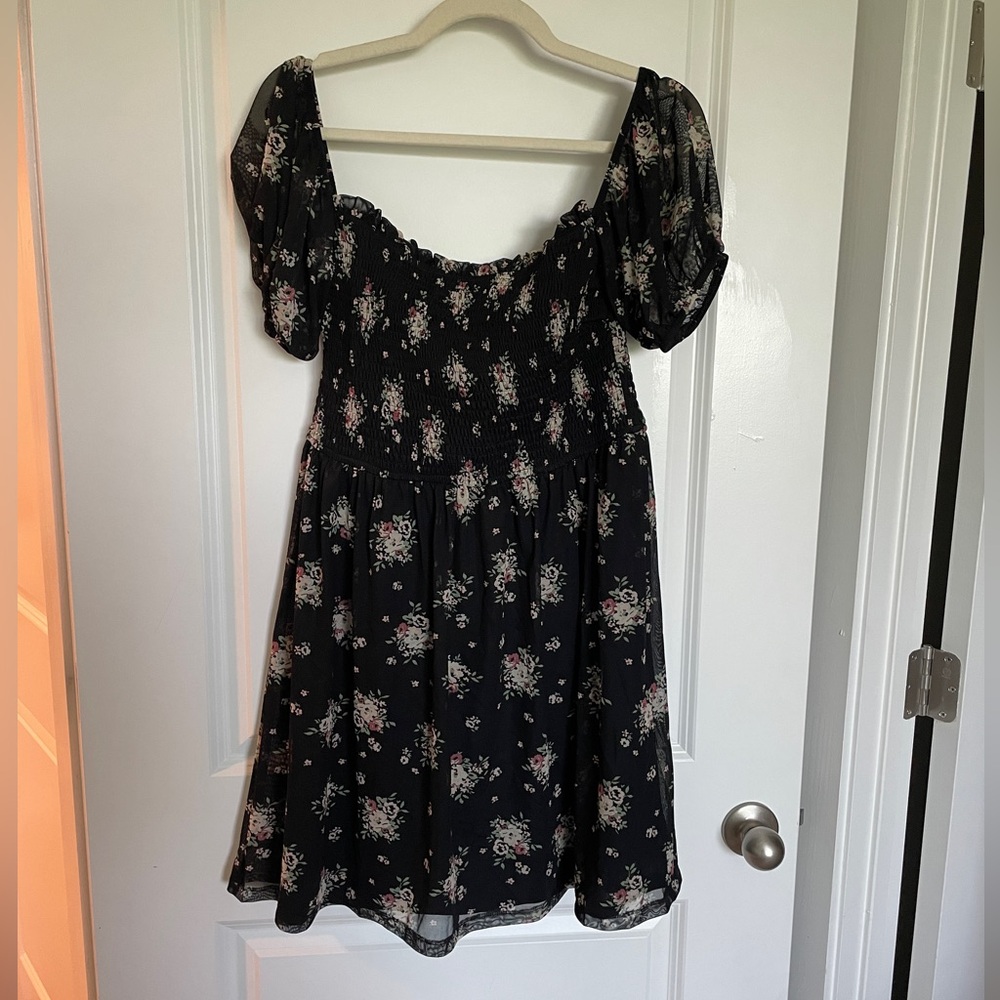 Hollister Cottage-core Floral Black Dress with Off Shoulder Sleeves